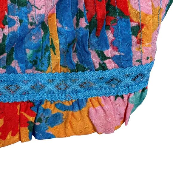 Anthropologie Pintucked Floral Bra Top Square Neck Smock Back Ruffled Blue Large - Picture 10 of 12